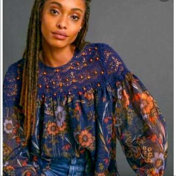 Anthropologie Renyu Cristy floral crochet top RUNS GENEROUS - Picture 1 of 6